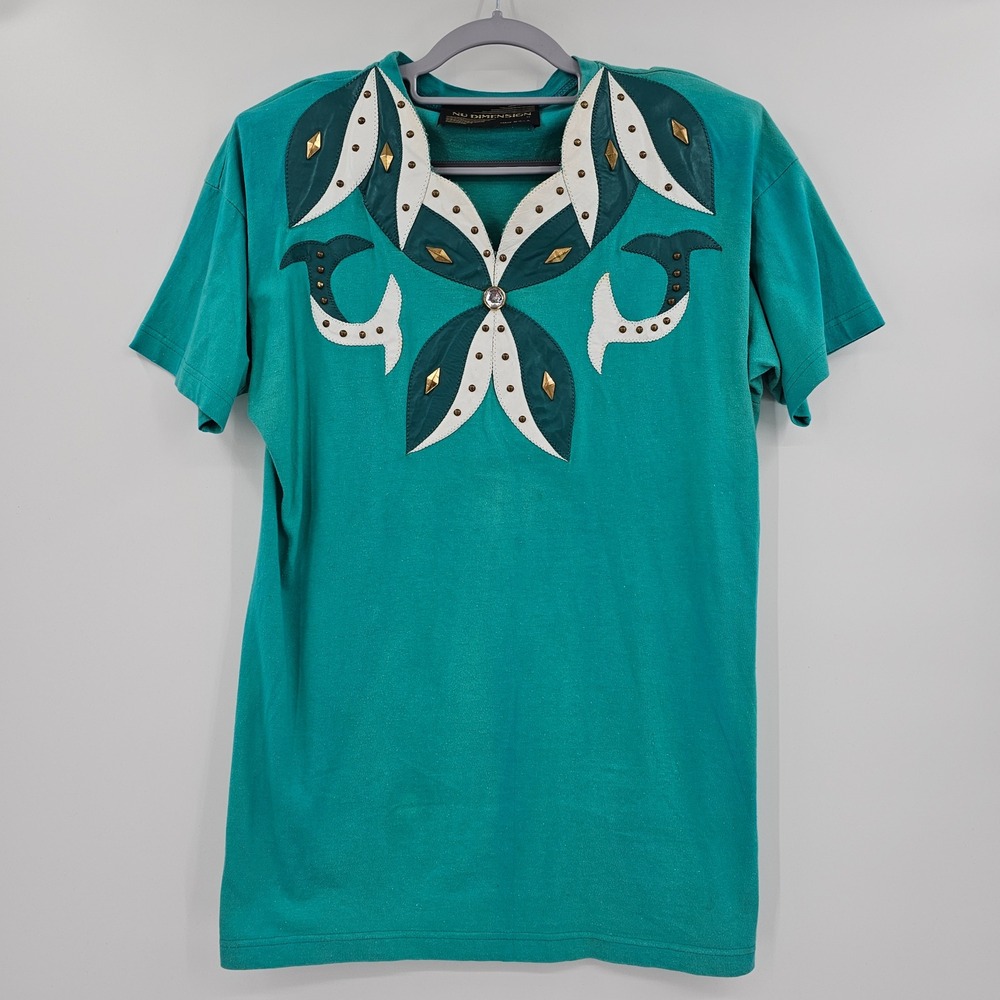 Vintage Nu Dimension Teal Cotton T-Shirt Leather Applique Studded Made in USA OS